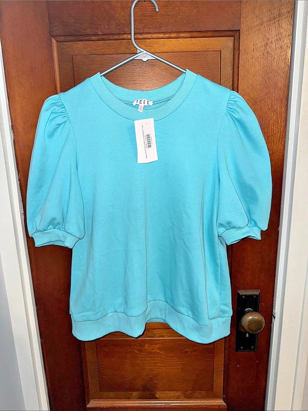TCEC Aqua Puff Shoulder Crew Neck Top Puff Sleeve Top in Blue Size Medium NWT